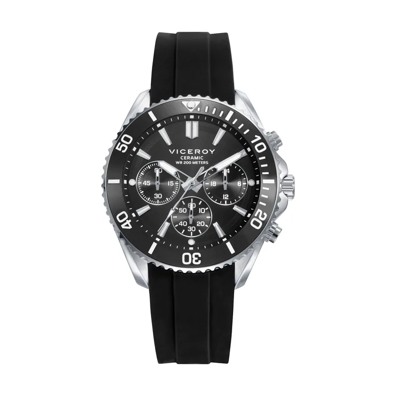 Reloj de hombre con caja de acero, bisel de cerámica negra, correa de silicona negra y resistencia al agua de 20 ATM 41177-57
