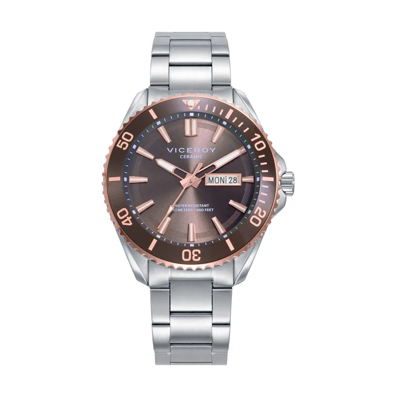 Reloj de hombre en acero con bisel de cerámica marrón e IP rosa, esfera gris y brazalete sólido. Resistencia al agua 20 ATM 41175-17