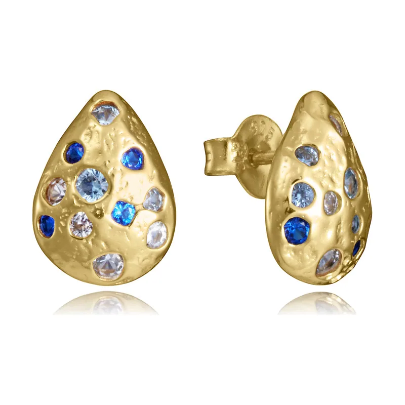 Pendientes de plata de primera ley con baño de oro y circonitas azules. Diseño en forma de gota, largo 2373E100-33