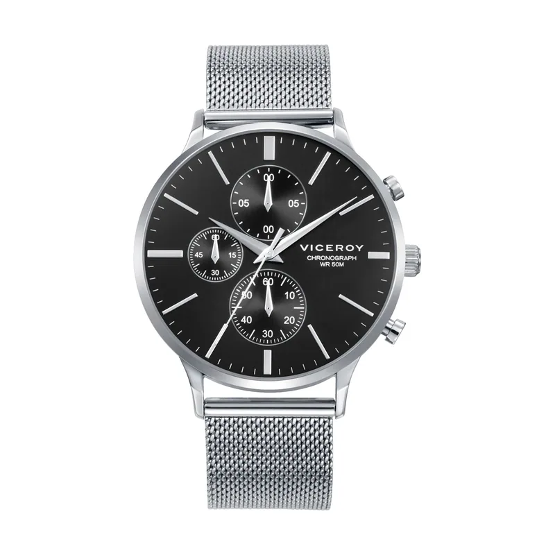 Reloj de hombre con cronógrafo, caja de acero, esfera negra y malla milanesa de acero 401499-57