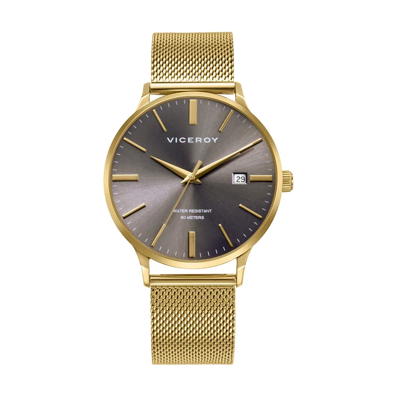 Reloj de hombre con caja y malla milanesa en IP dorado, esfera gris y calendario 401497-17