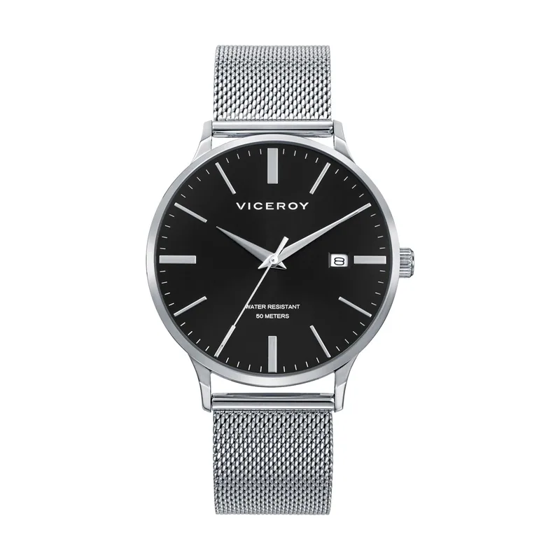Reloj de hombre con caja de acero, malla milanesa y esfera negra 401497-57