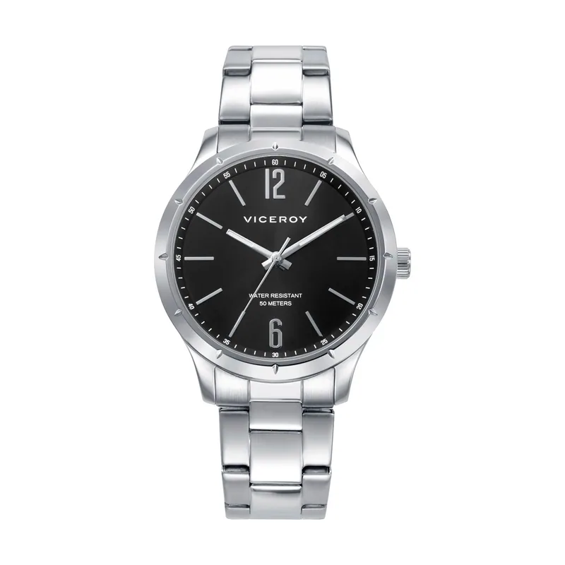Reloj de hombre con caja y brazalete de acero, esfera negra y resistencia al agua 5 ATM 401493-55