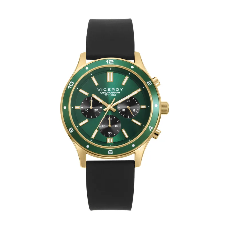 Cronógrafo de acero IP dorado con esfera verde y correa de silicona negra 401489-67