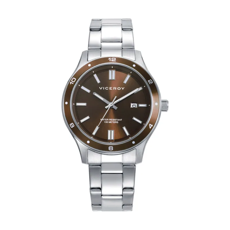Reloj analógico de hombre con caja de acero, bisel de aluminio marrón y resistencia al agua de 10 ATM 401487-47