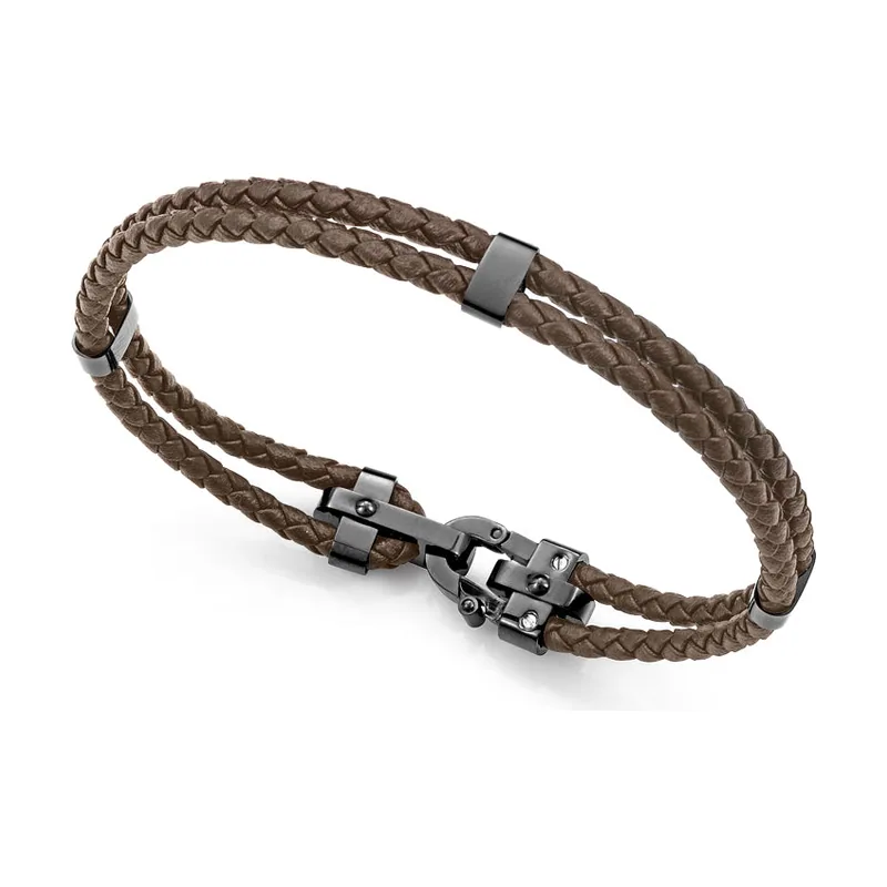 Pulsera en acero IP negro y piel marrón trenzada. Largo 21,5 cm 15209P01011