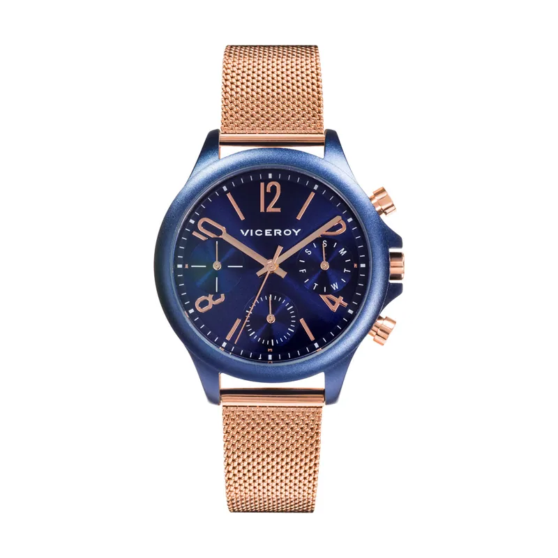Reloj de mujer Colours multifunción de aluminio azul y correa de acero con IP rosa 471254-35