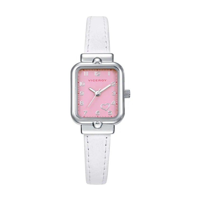 Reloj caja de acero y correa de piel sintética blanca, movimiento cuarzo. Pulsera de plata de primera ley con cordon rosa con motivo corazón de regalo 401330-75
