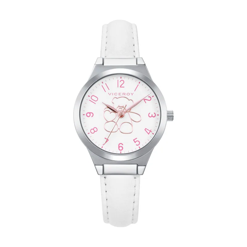 Reloj caja de acero, correa de piel sintética blanca, movimiento cuarzo. Pulsera de plata de primera ley con cordon rosa con motivo corazón de regal 401322-04