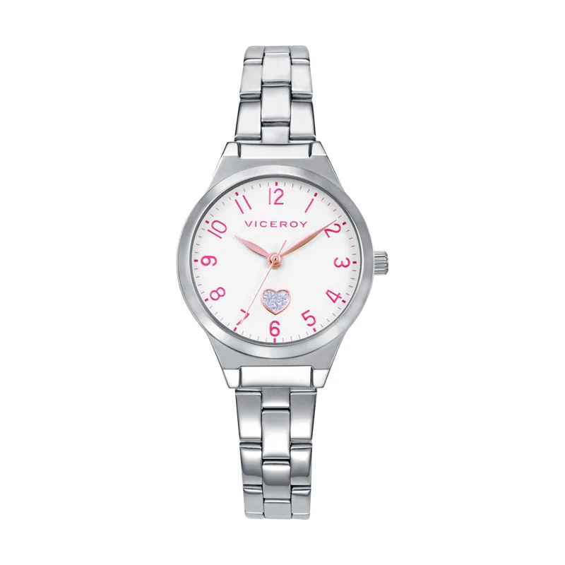 Reloj caja de acero y brazalete de acero, movimento cuarzo. Pulsera de plata de primera ley con cordon rosa con motivo corazón de regalo 401324-04
