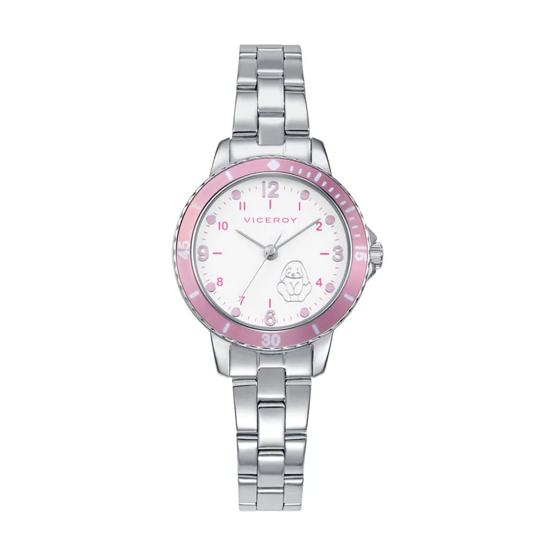 Reloj caja de acero con bisel de aluminio rosa y brazalete de acero, movimiento cuarzo. Pulsera de plata de primera ley con cordon rosa con motivo cor 401320-05