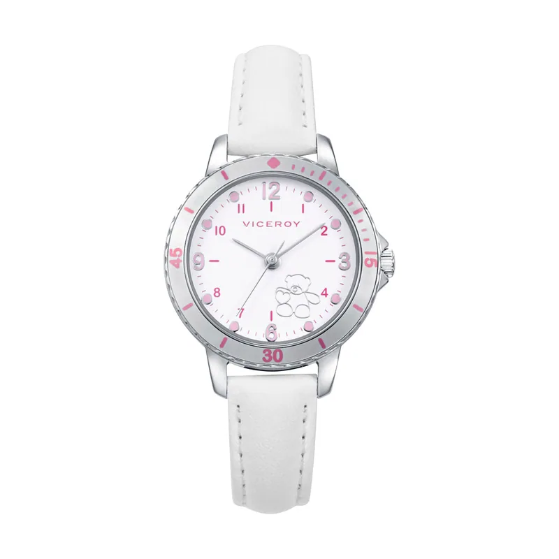 Reloj caja de acero con bisel de aluminio y correa de piel sintética blanca, movimiento cuarzo. Pulsera de plata de primera ley con cordon rosa con mot 401318-05