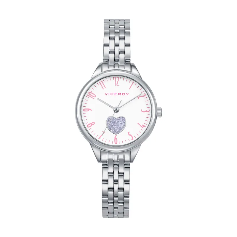 Reloj caja y brazalete de acero, movimiento cuarzo. Pulsera de plata de primera ley con cordon rosa con motivo corazón de regalo 41160-04