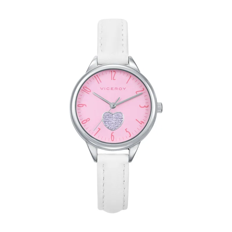 Reloj caja de acero, correa de piel blanca, movimiento cuarzo. Pulsera de plata de primera ley con cordon rosa con motivo corazón de regalo 41158-74