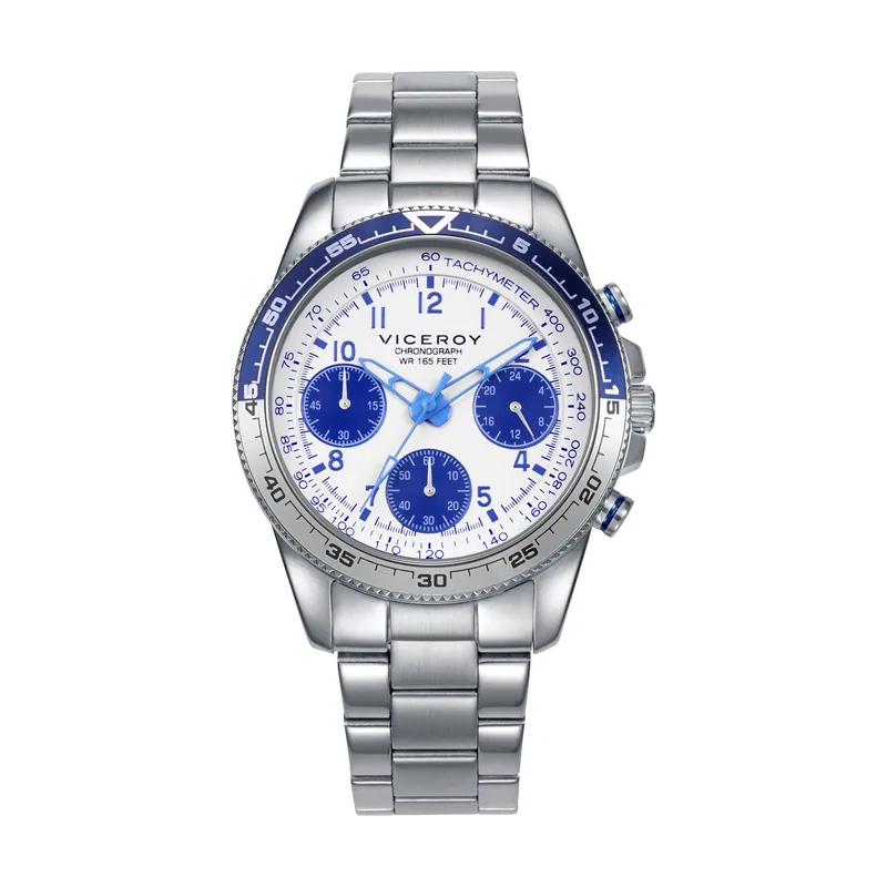 Reloj caja y brazalete de acero, movimiento cuarzo.Pulsera de acero con cruz y piel azul de regalo 401465-04