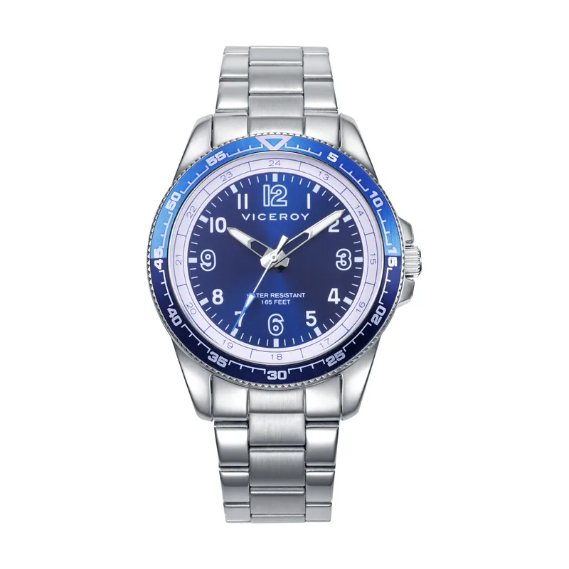 Reloj caja y brazalete de acero, movimiento cuarzo. Pulsera de acero con cruz y piel azul de regalo 401461-34