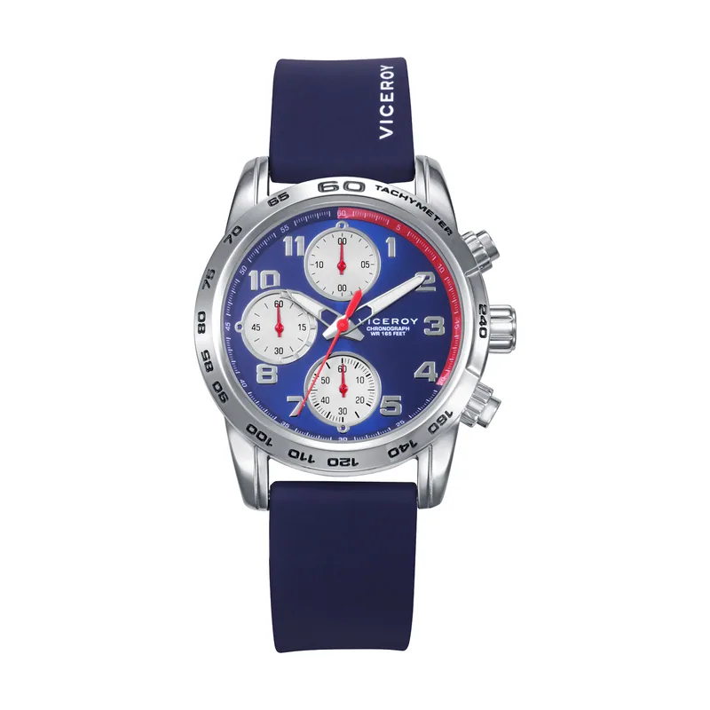 Reloj con caja de acero y correa de silicona azul, movimiento cuarzo. Pulsera de acero con cruz y piel azul de regalo 401469-35