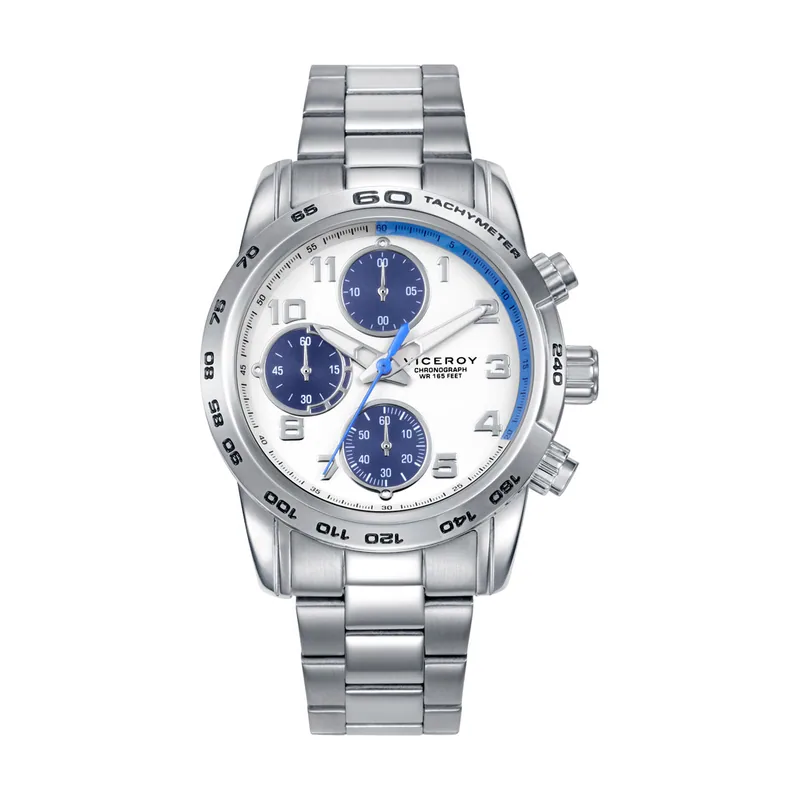 Reloj con caja y brazalete de acero, movimiento cuarzo.Pulsera de acero con cruz y piel azul de regalo 401471-05