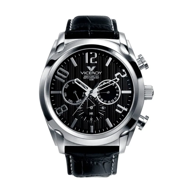 Reloj de hombre multifunción con correa de piel negra 40347-55