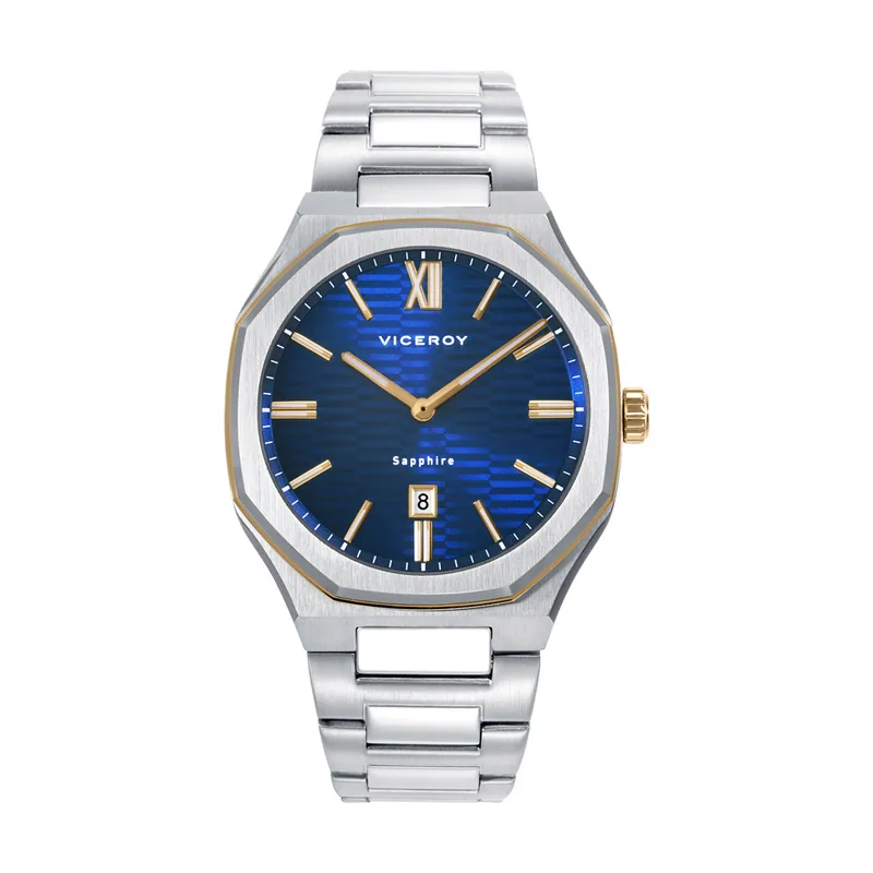 Reloj colección Laura Escanes caja de acero con doble bisel en acero IP dorado con cristal zafiro 10 ATM y brazalete de acero con movimiento cuarzo 45009-33