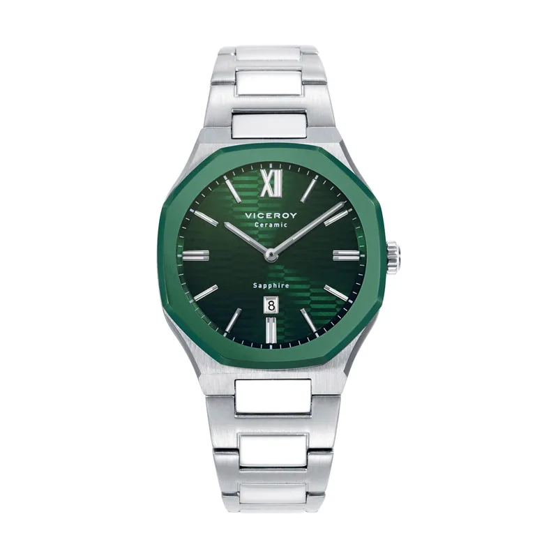 Reloj colección Laura Escanes caja de acero con bisel de ceramica verde con cristal zafiro 10 ATM y brazalete de acero con movimiento cuarzo 45002-63
