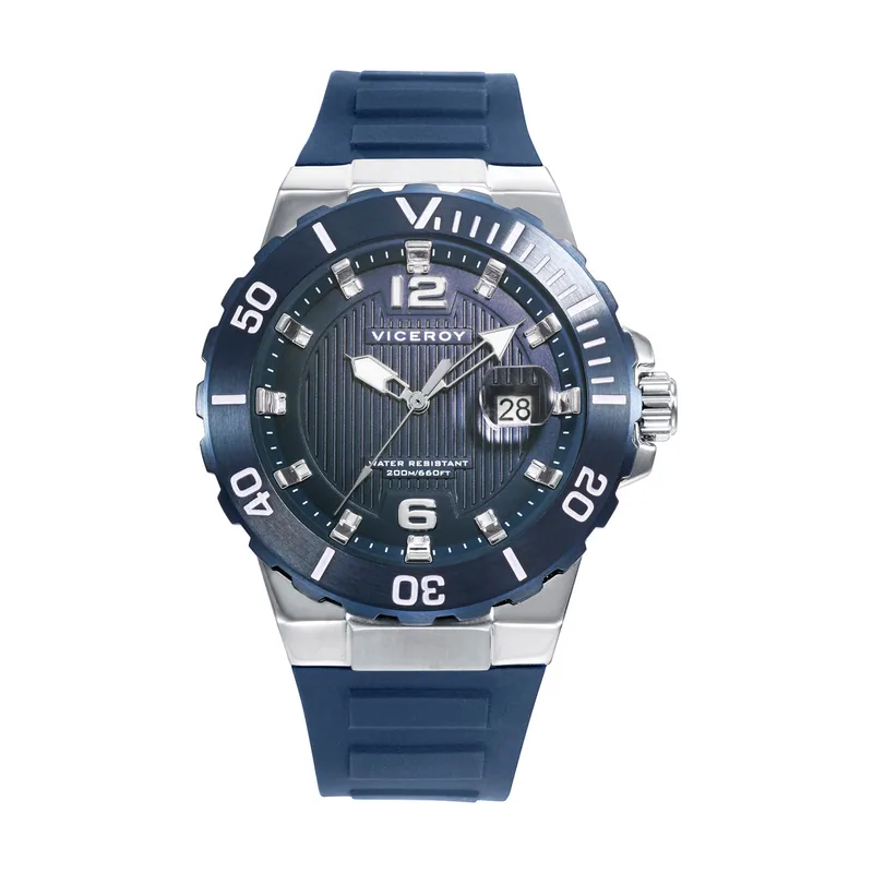 Reloj caja de acero con bisel IP azul rotatorio 20 ATM y correa de silicona en color azul con movimiento cuarzo 45001-35