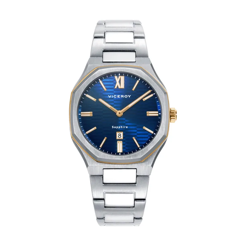 Reloj colección Laura Escanes caja de acero con doble bisel en acero e IP dorado con cristal zafiro 10 ATM y brazalete de acero con movimiento cuarzo 45000-33