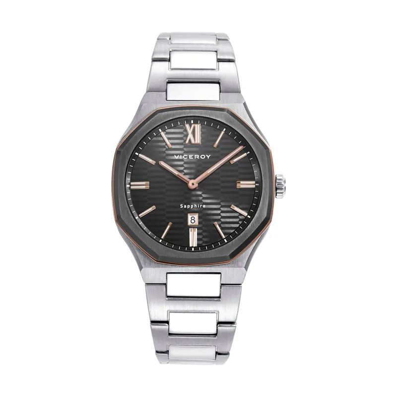 Reloj colección Laura Escanes caja de acero con doble bisel en IP gris y rosa con cristal zafiro 10 ATM y brazalete de acero con movimiento cuarzo 45000-13