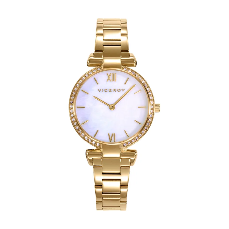 Reloj caja de acero IP dorado con bisel de circonitas blancas 5 ATM con esfera madreperla y brazalete IP dorado con movimiento cuarzo 42446-03