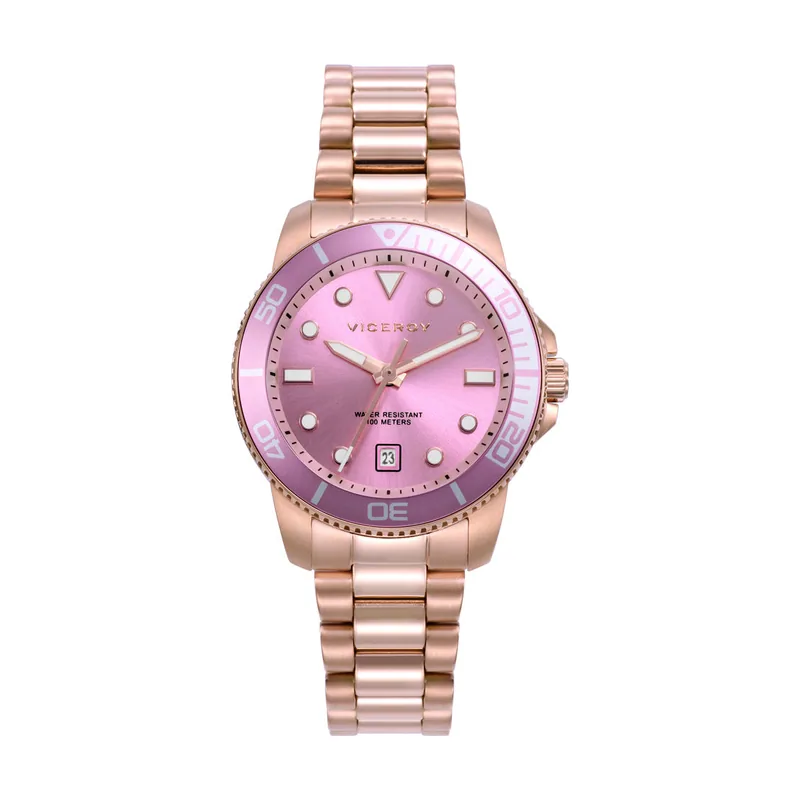 Reloj caja de acero IP rosa con bisel de aluminio en color rosa 42444-77