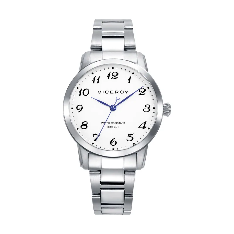 Reloj de acero con esfera blanca y agujas azules 41138-05