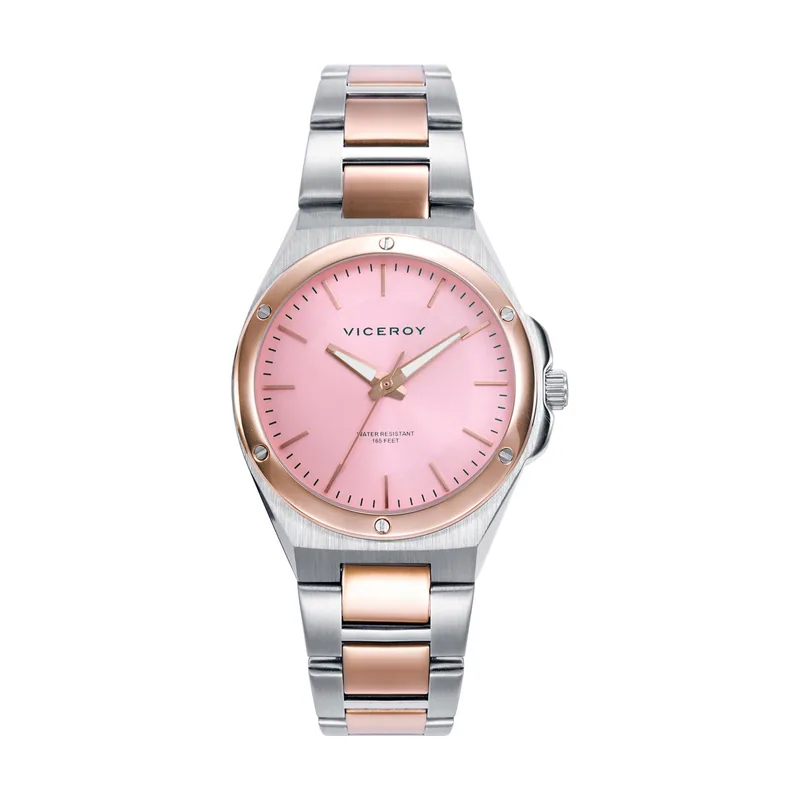 Reloj de acero bicolor con esfera rosa y movimiento de cuarzo 41136-77
