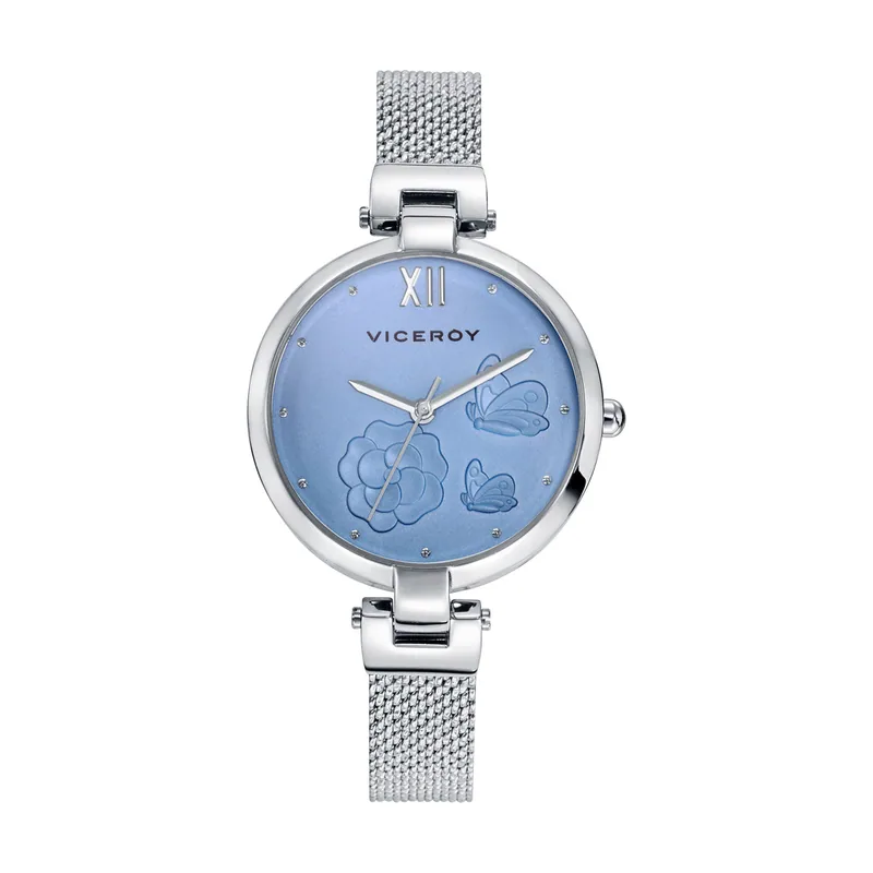 Reloj de mujer Kiss de acero con esfera celeste y malla con textura 42426-33