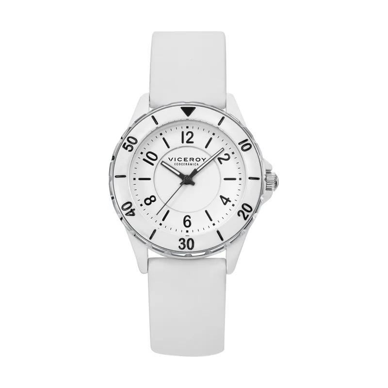 Reloj caja de acero con bisel ecocerámica blanca 5 ATM, correa de silicona blanca, movimiento cuarzo 41116-09