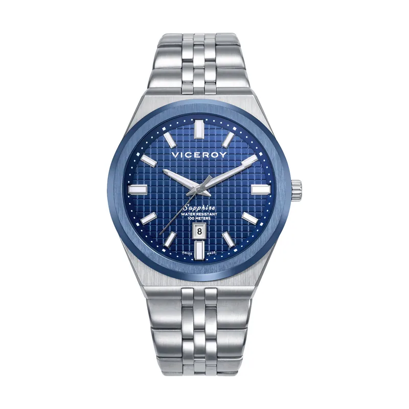 Reloj caja bitono de acero e IP azul 10 ATM, brazalete de acero, movimiento cuarzo Suizo, Swiss made 45115-37