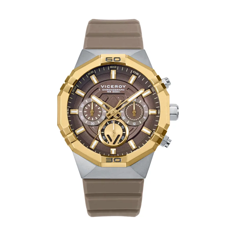 Reloj caja bitono de acero e IP dorado 20 ATM, correa de silicona gris, movimiento cuarzo 45017-15