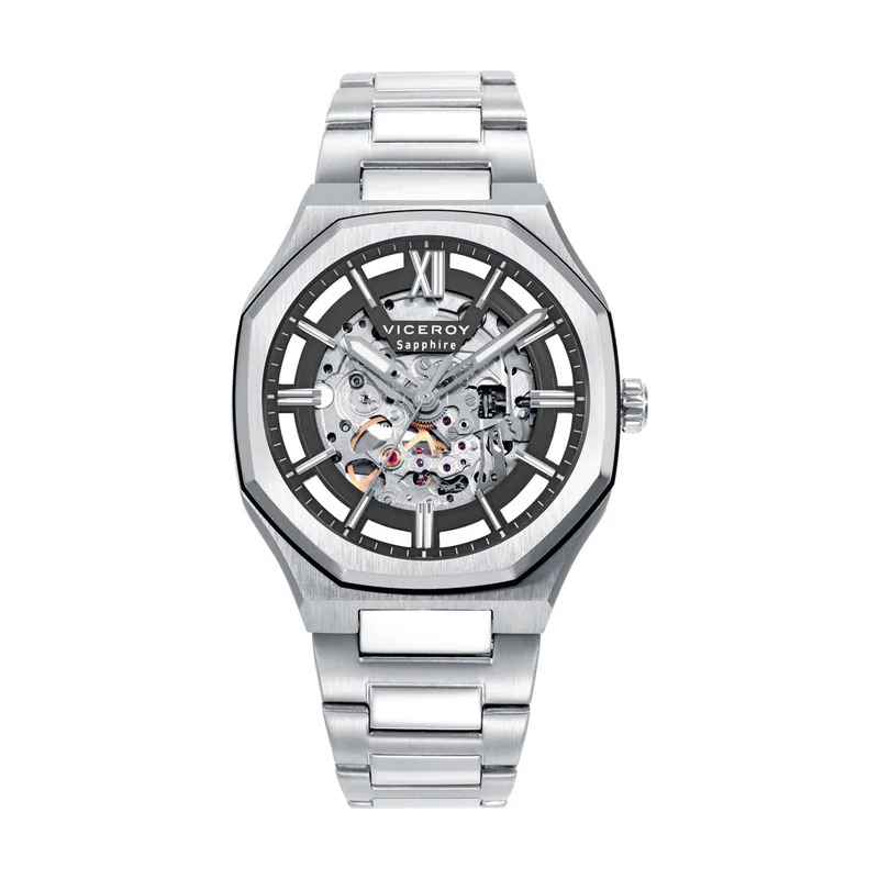 Reloj colección Laura Escanes, caja de acero con bisel negro con cristal zafiro 10 ATM y brazalete de acero con movimiento automatico 45013-53