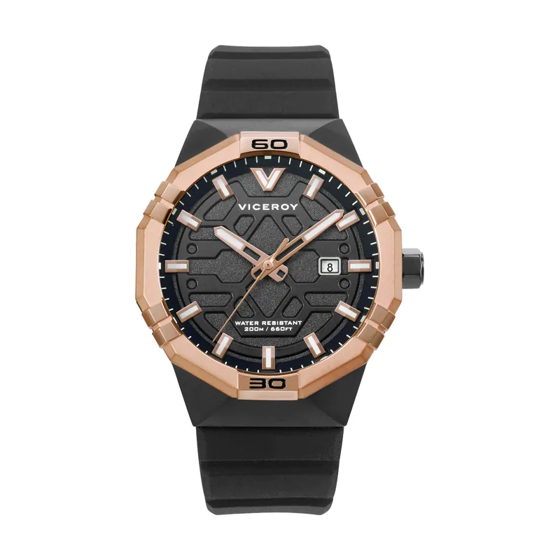 Reloj caja bitono de acero IP negro e IP rosa 20 ATM, correa de silicona negra, movimiento cuarzo 45015-55