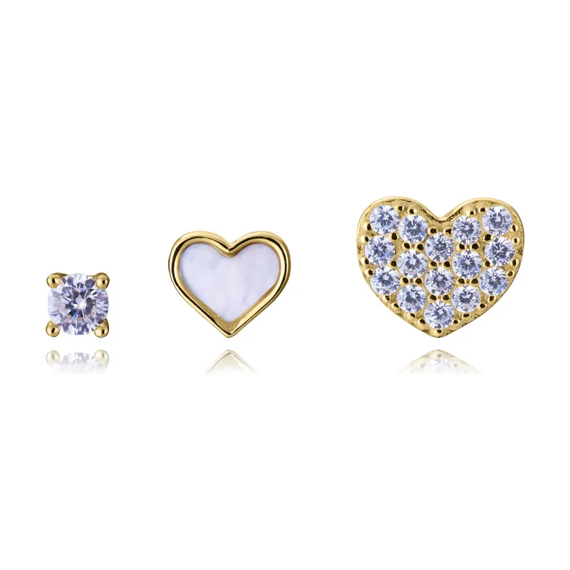 Pendientes de plata de primera ley con baño de oro, 3 individuales con diseños diferentes: circonita, corazón con madre perla y corazón con circonitas 2359E100-30