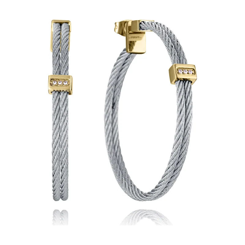 Pendientes de acero Ip dorado doble cable unido con barra con circonitas 15193E01000