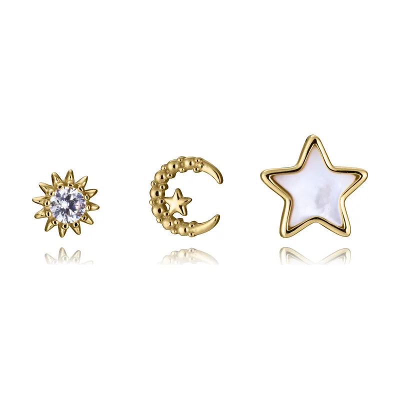 Pendientes de plata de primera ley con baño de oro, 3 individuales con diseños diferentes: circonita, luna y estrella con madre 2358E100-30