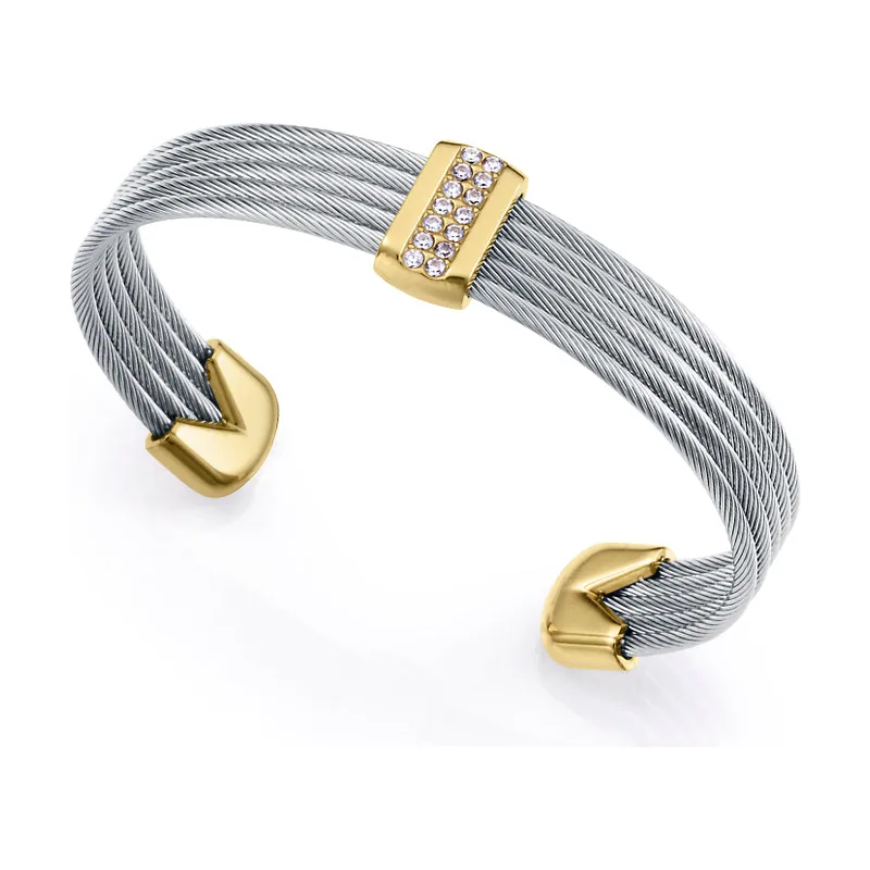 Pulsera de acero Ip dorado multiples cables unido con barra con circonitas 15193P01000
