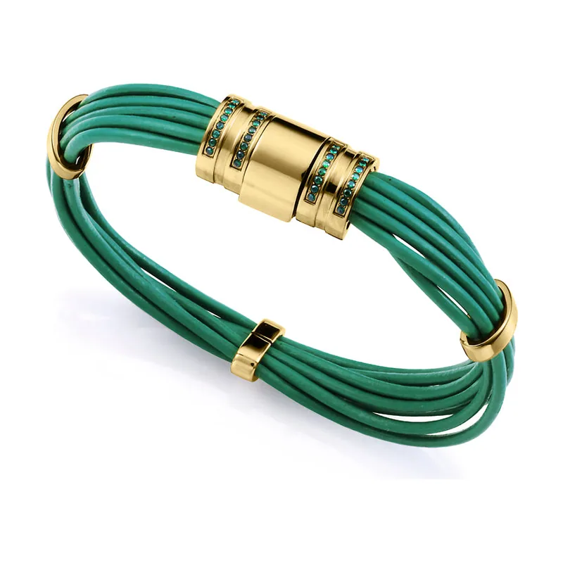 Pulsera de acero Ip dorado y piel verde con circonitas 15192P01012