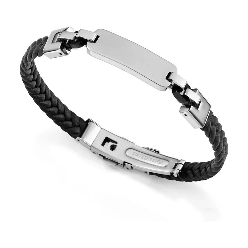 Pulsera de acero e Ip negro con piel trenzada negra y placa 14334P01010
