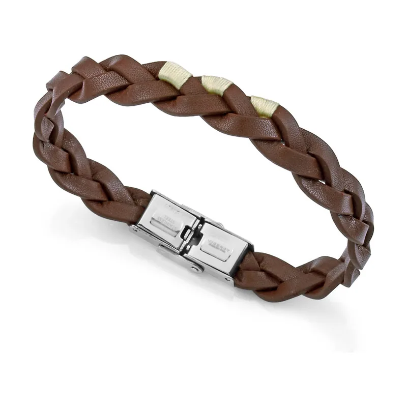 Pulsera de acero y piel marrón trenzada con cordón 14333P01011