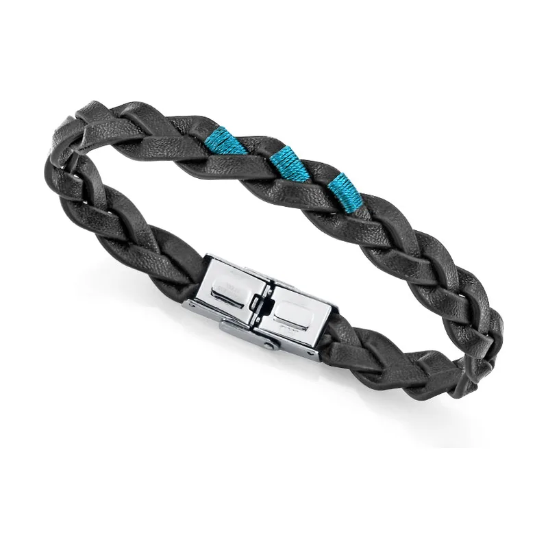 Pulsera de acero y piel negra trenzada con cordón 14333P01010