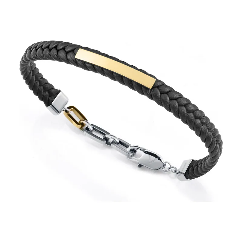 Pulsera de acero Ip dorado con placa y piel trenzada 14332P01012