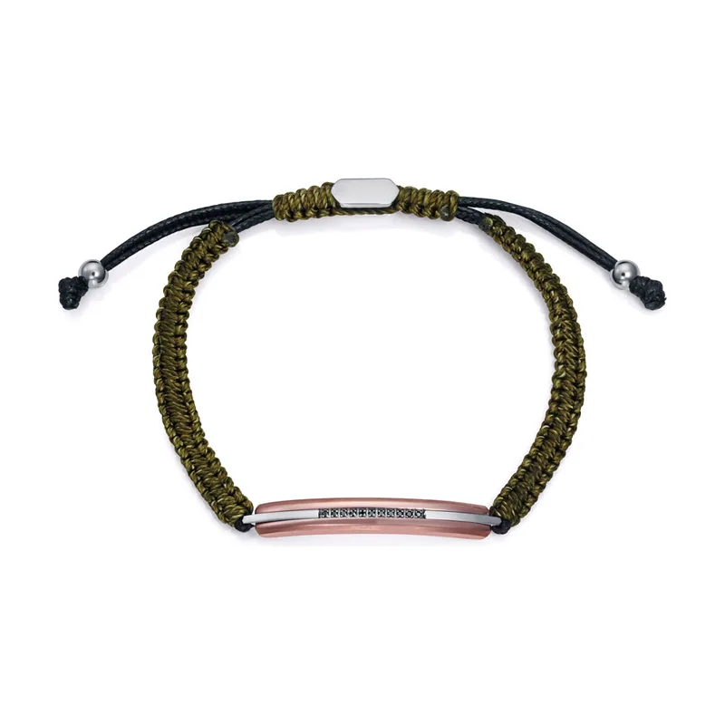 Pulsera de acero Ip rosa con cordon verde y circonitas 15183P01016
