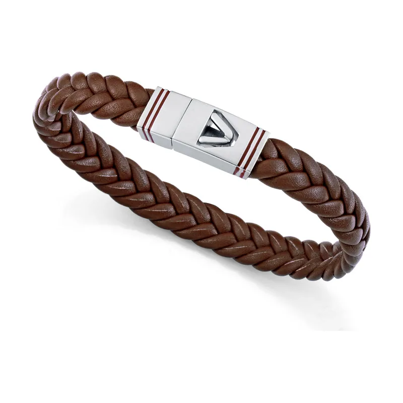 Pulsera de acero y piel marrón trenzada con esmalte 14330P01011
