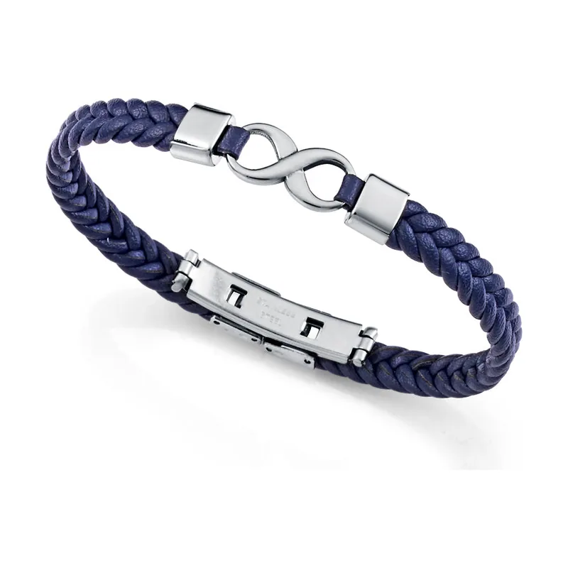 Pulsera de acero y piel azul trenzada 14331P01013